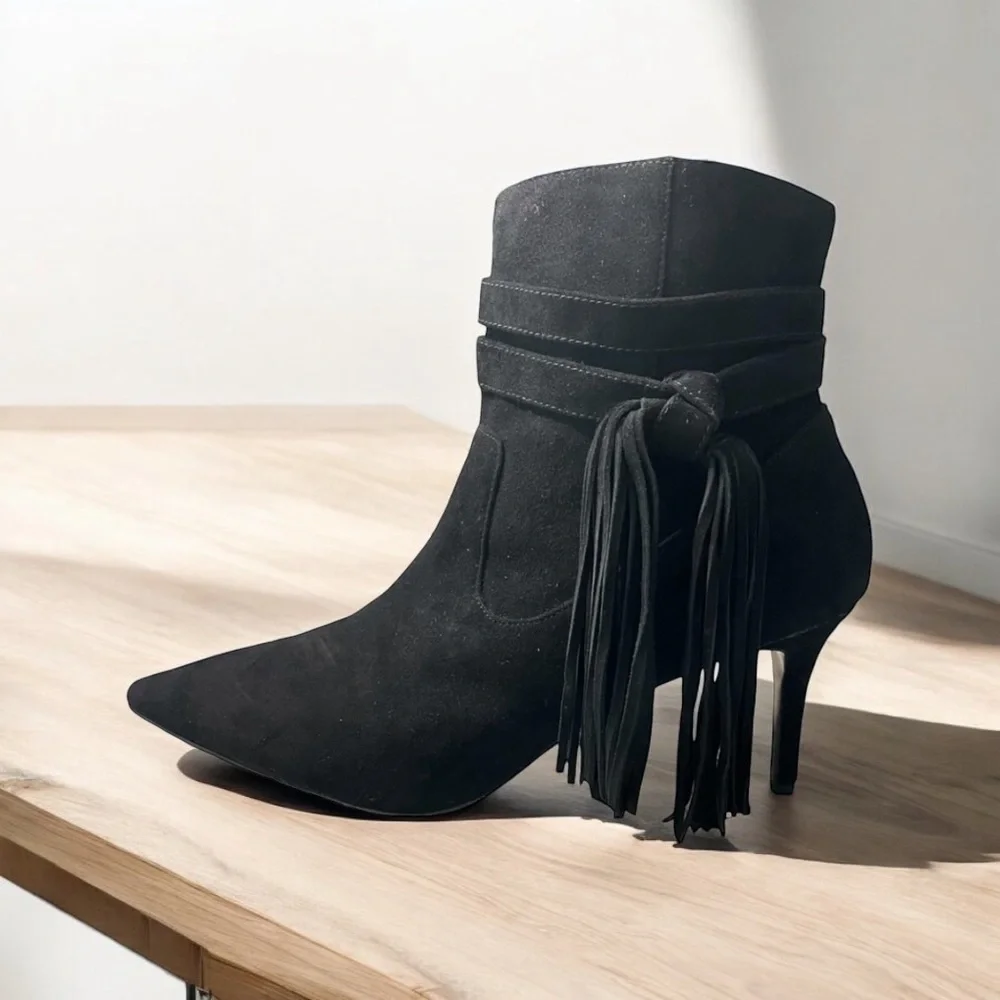 New! CHARLES JOURDAN PARIS Black Suede Fringe Booties Size 9.5